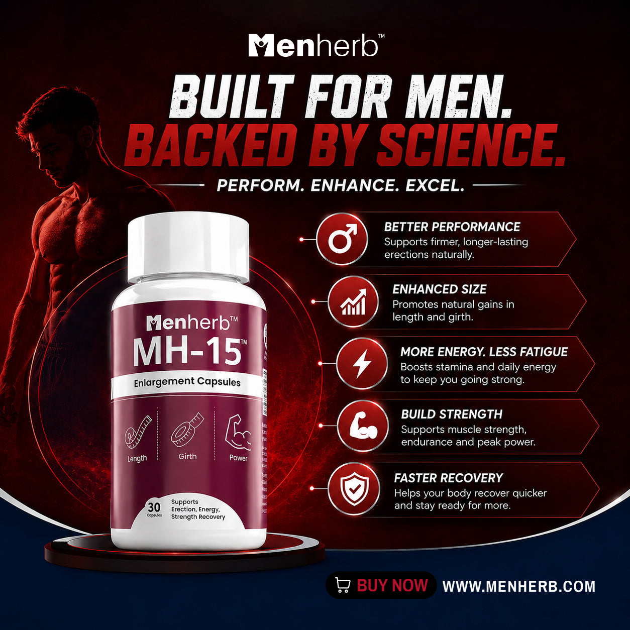 MH-15 Capsules Herbal Supplement for Extra, Larger Size